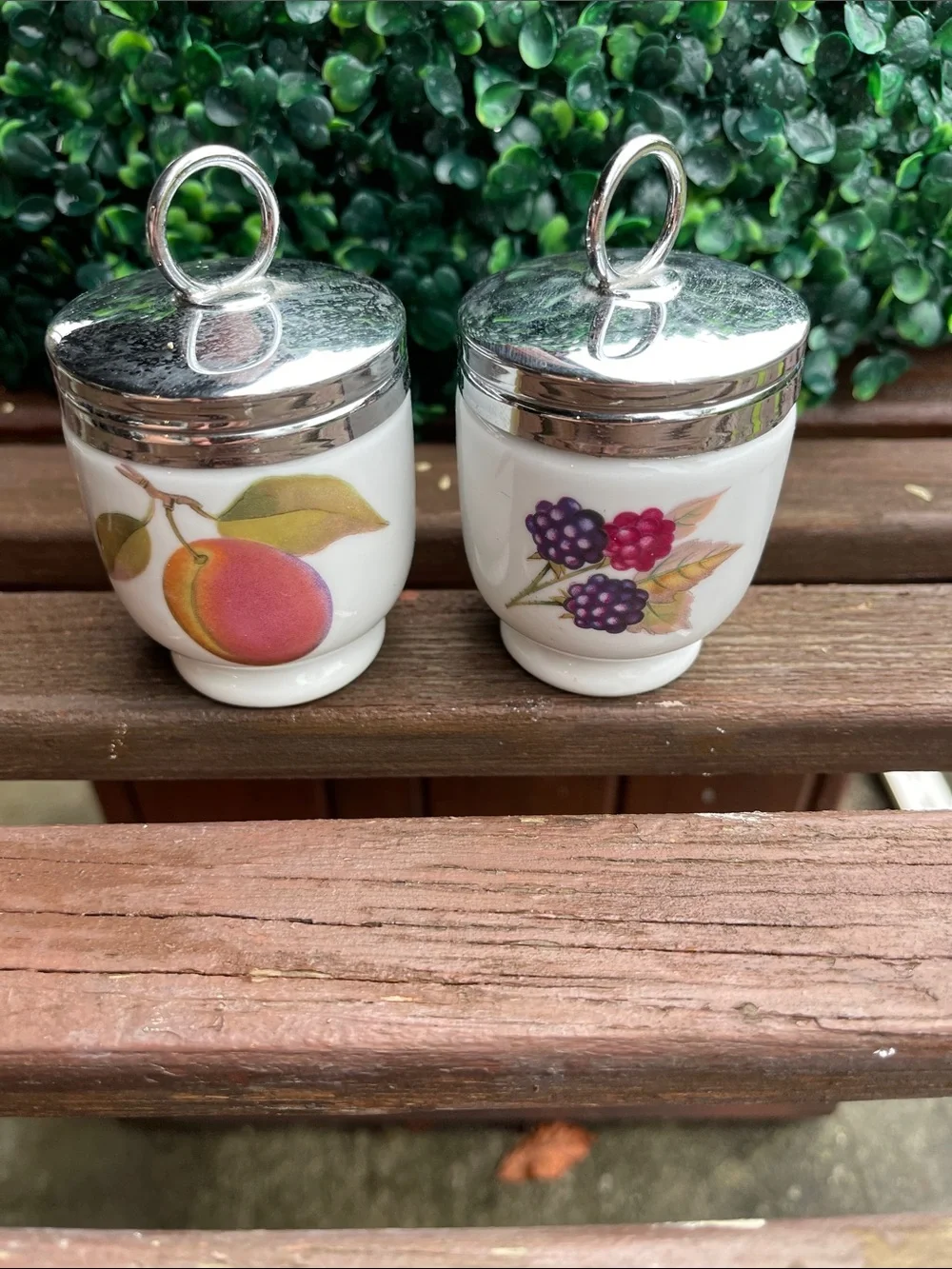Vintage porcelain fruit  Egg Coddlers with Silver Lids -with Peach & Berry